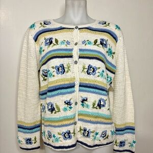 Vintage 90s White Blue Striped Floral Ramie Cotton Knit Cardigan